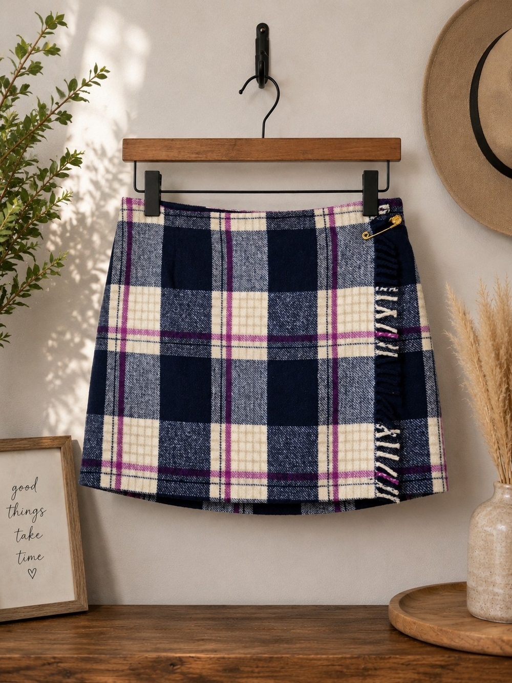 PINK Victoria's Secret Plaid Wool Blend Wrap Mini Skirt Fringe Size Large